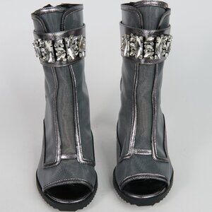 Karl Lagerfield Peep-toe Short Boot Gunmetal Gray Mesh w/Rhinestones - Size 8.5